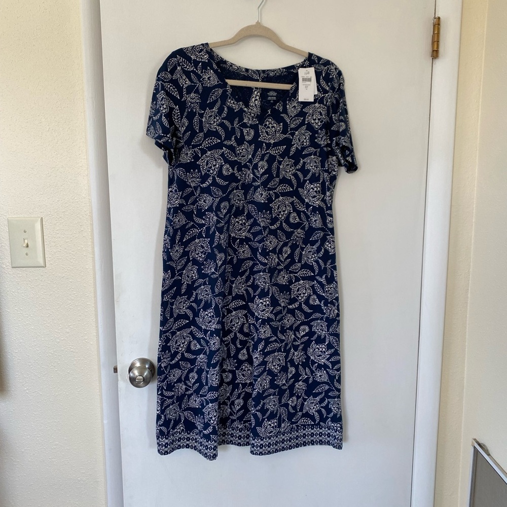 J. Jill Navy 100% Cotton Dress Floral Midi  Pockets Coastal Grandma Small Tall
